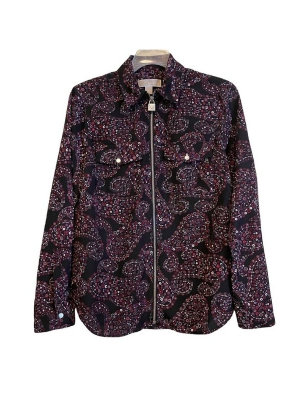 Michael Kors Womens Blouse-SMALL-Long Sleeve Black Purple Floral Lock Zipper